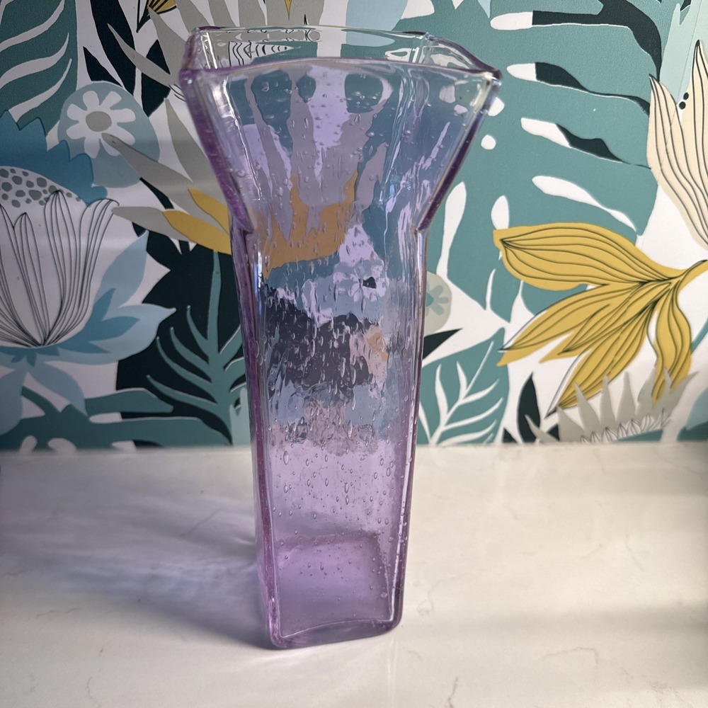 Lavender Modernist‎ Sculptural Glass Vase 12" Geometric Textured Statement Decor